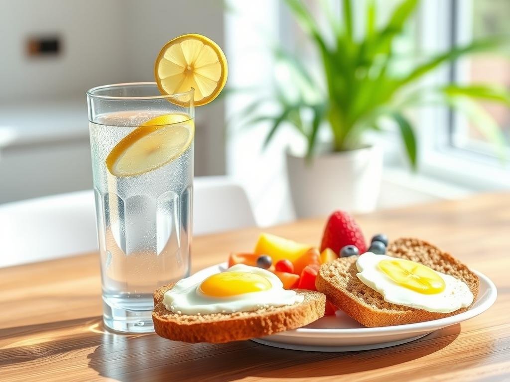 Morning hydration with water and a balanced breakfast Morning hydration with water and a balanced breakfast