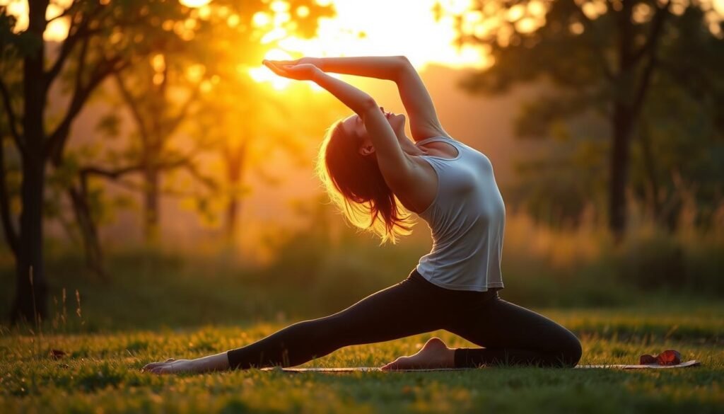 Person doing morning yoga outdoors Person doing morning yoga outdoors