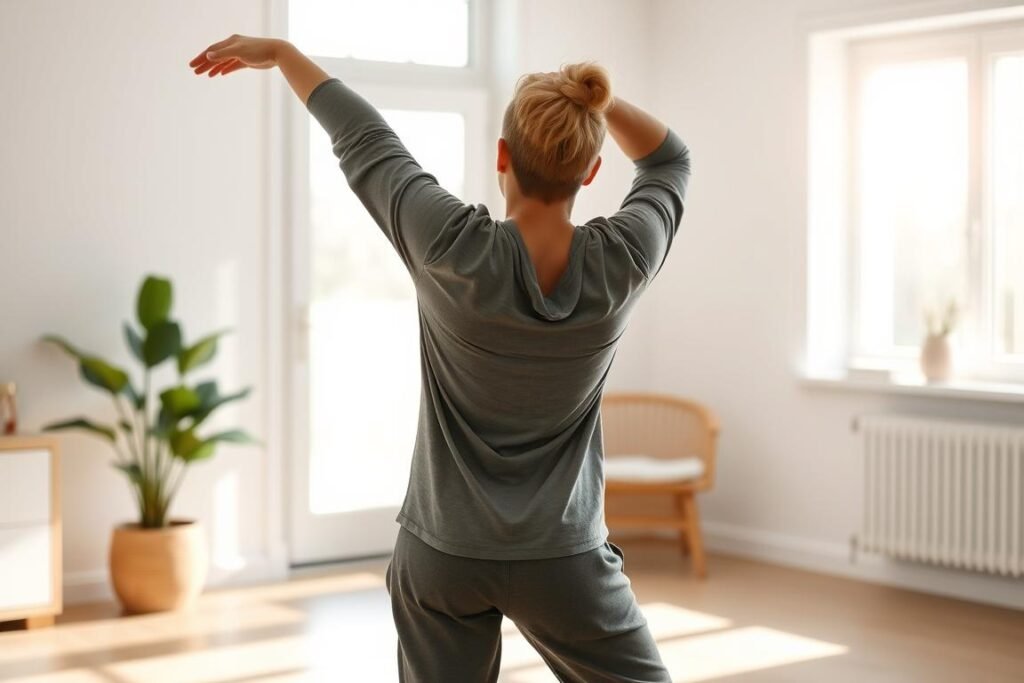 Person doing simple morning stretches Person doing simple morning stretches