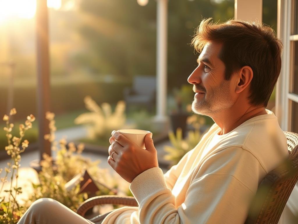 Person enjoying morning sunlight outdoors with a cup of tea Person enjoying morning sunlight outdoors with a cup of tea