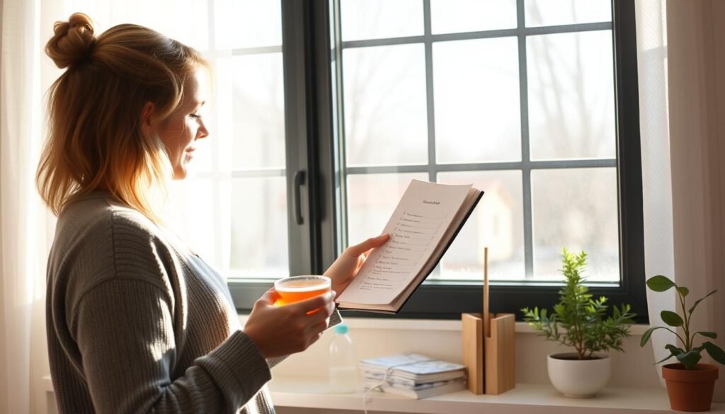 Person following a morning routine checklist near a window Person following a morning routine checklist near a window