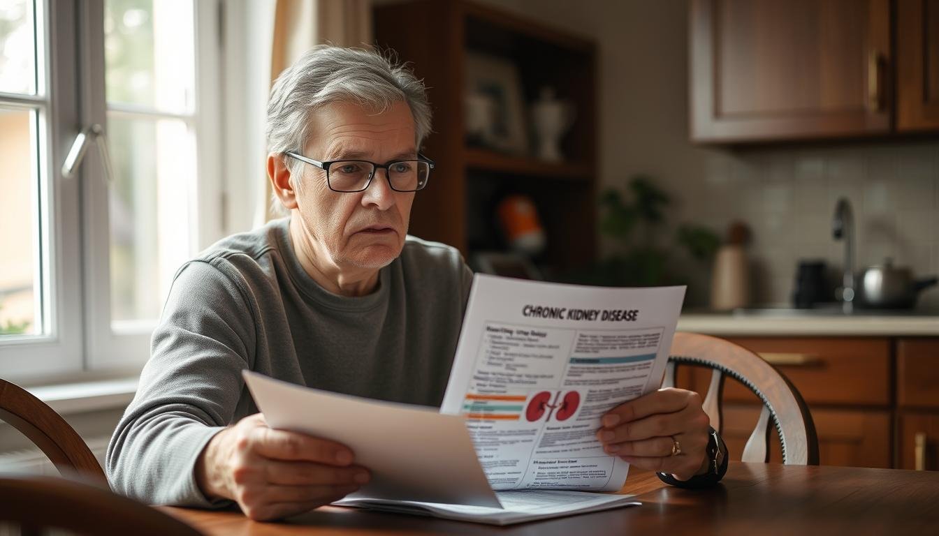 Person looking concerned while reviewing medical information about chronic kidney disease