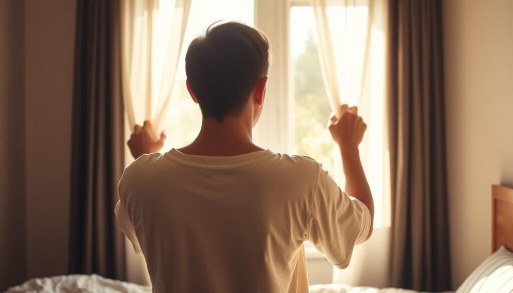 Person opening curtains to let in morning sunlight Person opening curtains to let in morning sunlight