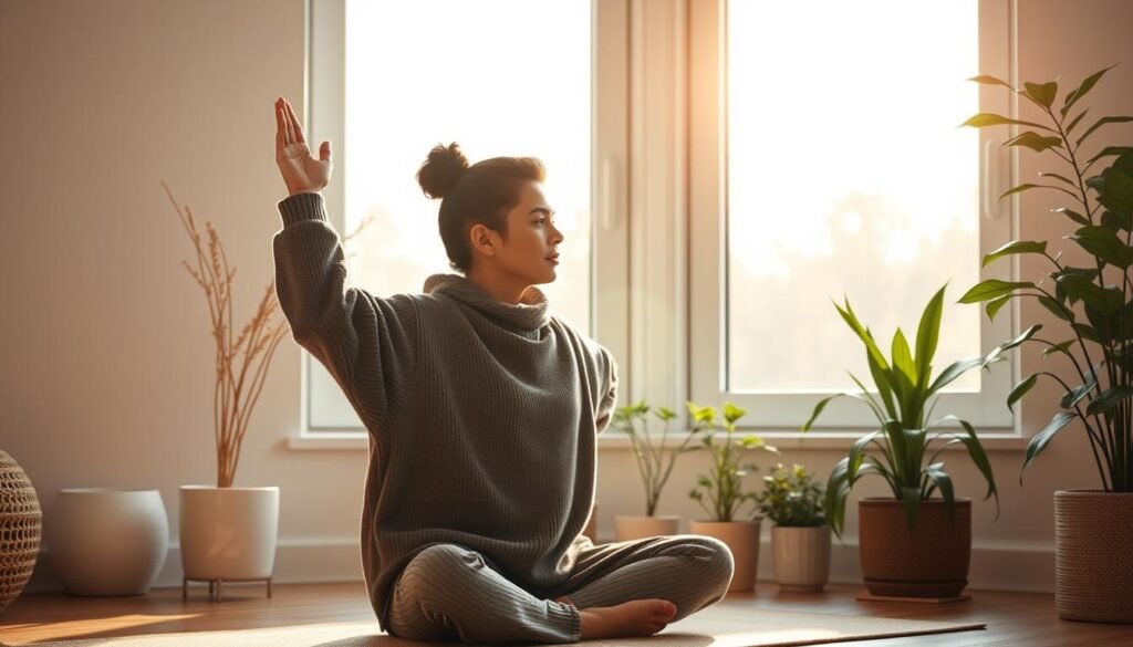 Person performing morning stretches near a window with natural light Person performing morning stretches near a window with natural light