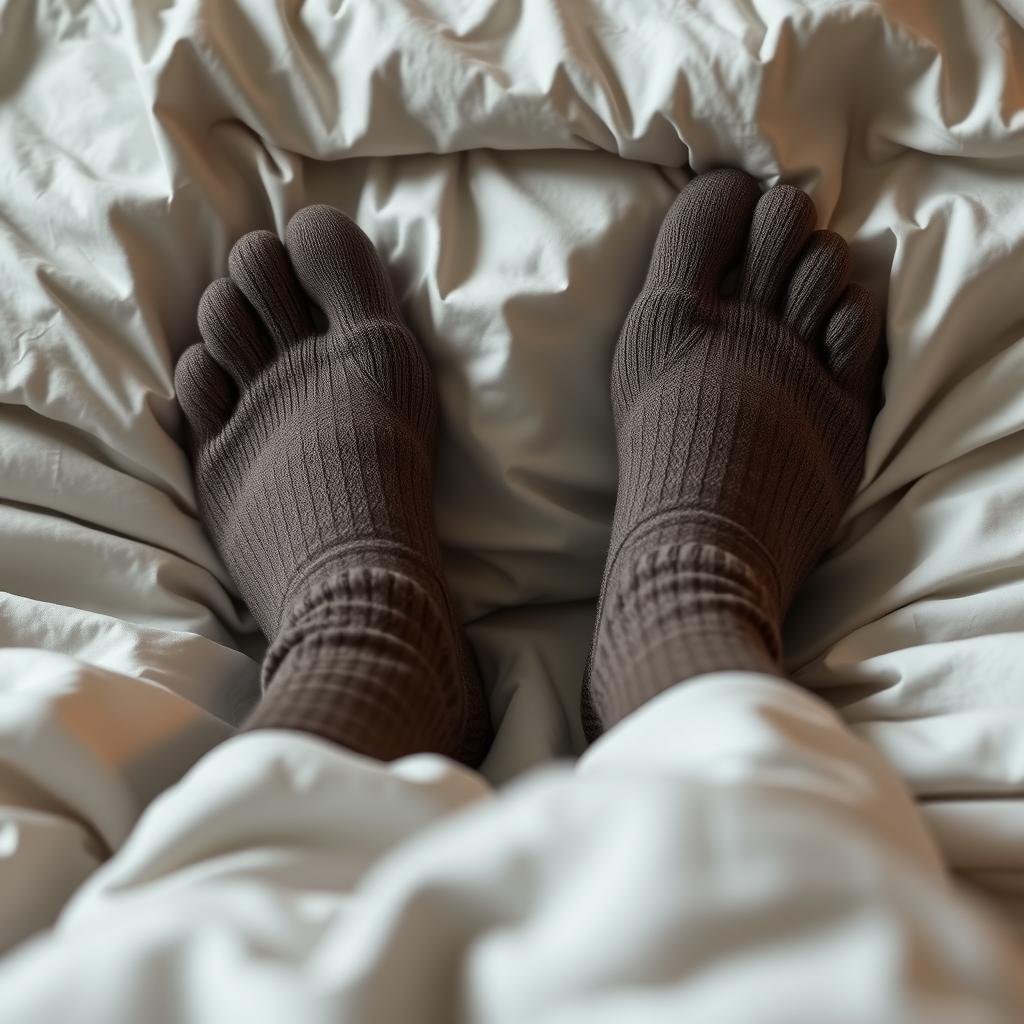 Person wearing socks to bed for better sleep quality as a science-backed sleep hack Person wearing socks to bed for better sleep quality as a science-backed sleep hack