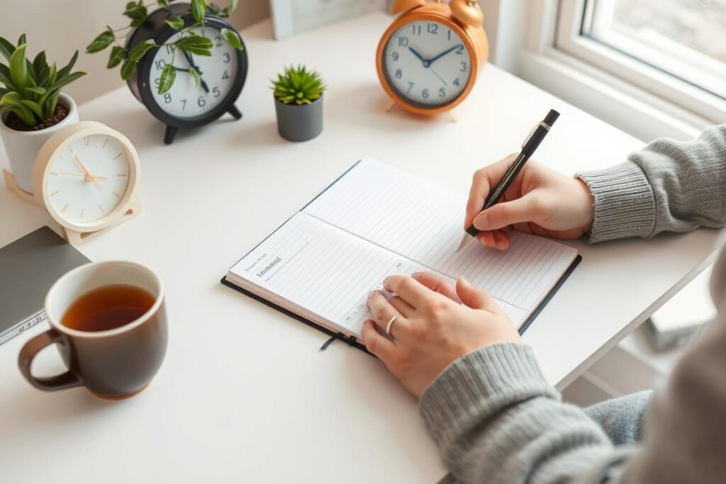 Person writing in a journal during morning planning session Person writing in a journal during morning planning session