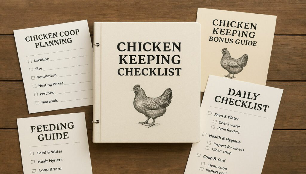 First-Time Chicken Keeper's Checklist Review: Does It Really Prevent Beginner Mistakes? Professional product photography of a digital chicken keeping checklist system with printed materials laid out on a rustic wooden table, including a main checklist binder, bonus guides, and planning sheets. Clean, well-lit product showcase with a farmhouse aesthetic.