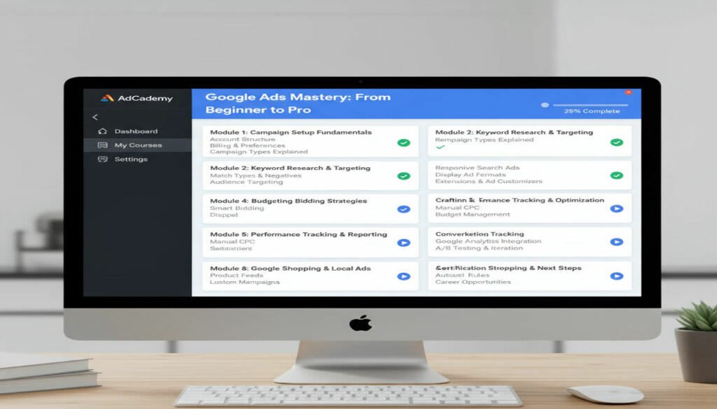 Professional screenshot of a Google Ads training course curriculum showing organized modules including campaign setup, keyword research, ad creation, and optimization strategies. The interface should look like a professional online course platform with clear navigation and progress tracking.