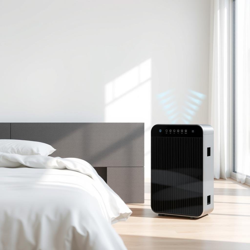 Purifier in a bedroom setting, combating hidden sleep destroyers in your bedroom Purifier in a bedroom setting, combating hidden sleep destroyers in your bedroom