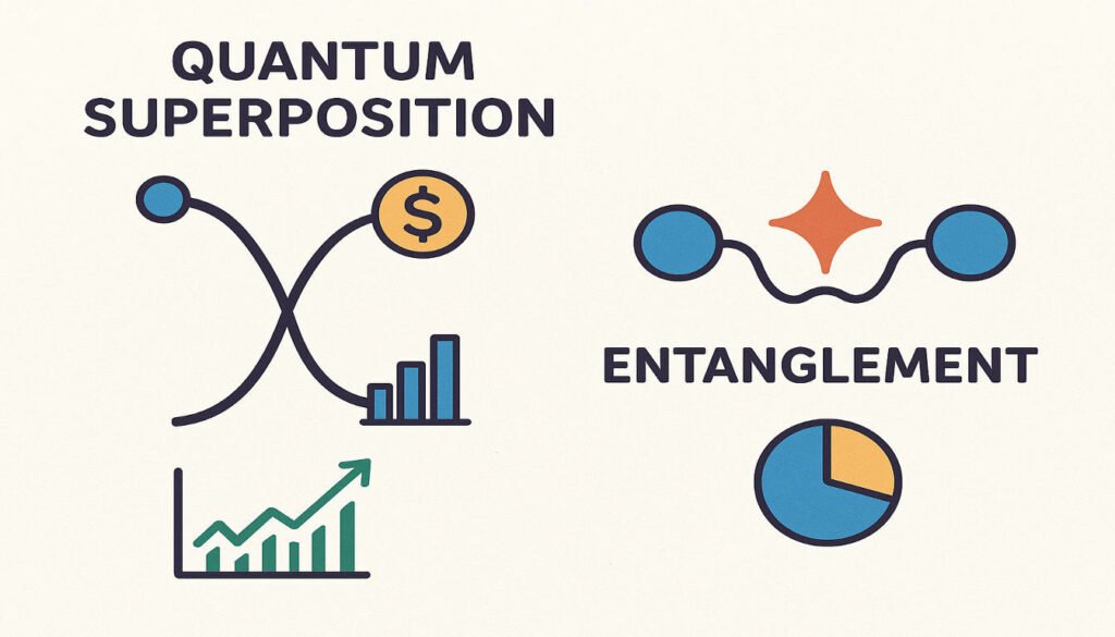 Quantum Computing System - An educational illustration showing the concept of quantum superposition and entanglement with simplified visual metaphors. Include split paths representing multiple states and connected particles representing entanglement, with financial symbols and charts integrated into the design to show application to finance. Quantum Computing System - An educational illustration showing the concept of quantum superposition and entanglement with simplified visual metaphors. Include split paths representing multiple states and connected particles representing entanglement, with financial symbols and charts integrated into the design to show application to finance.