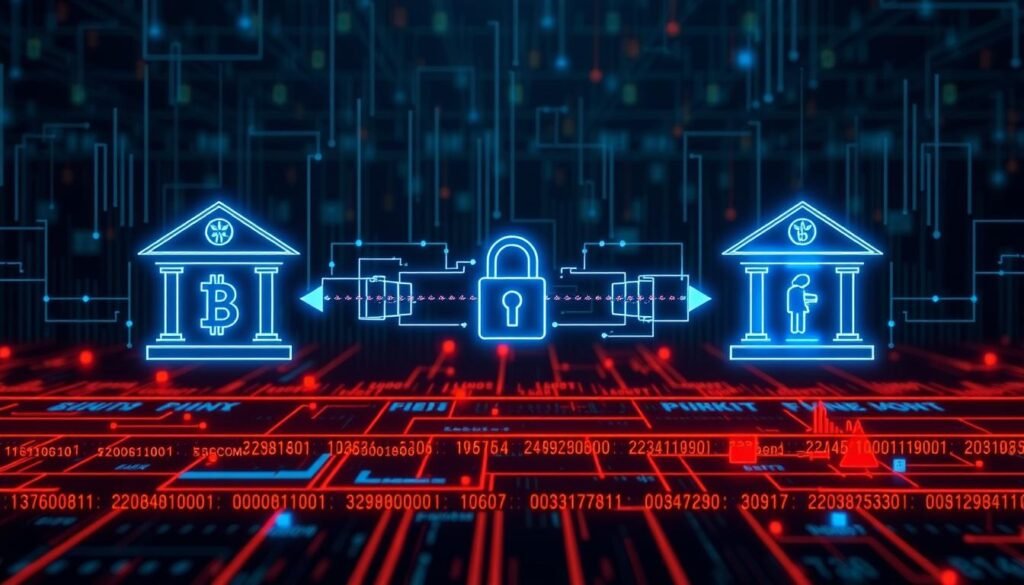 Quantum cryptography visualization showing secure financial data transmission Quantum cryptography visualization showing secure financial data transmission