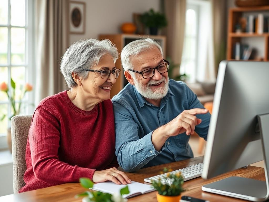 Senior couple using a computer together, learning digital skills as part of computer literacy for seniors Senior couple using a computer together, learning digital skills as part of computer literacy for seniors