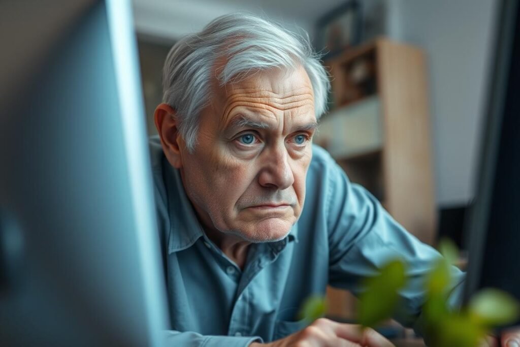 Senior man looking confused at a computer screen, illustrating challenges in computer literacy for seniors Senior man looking confused at a computer screen, illustrating challenges in computer literacy for seniors
