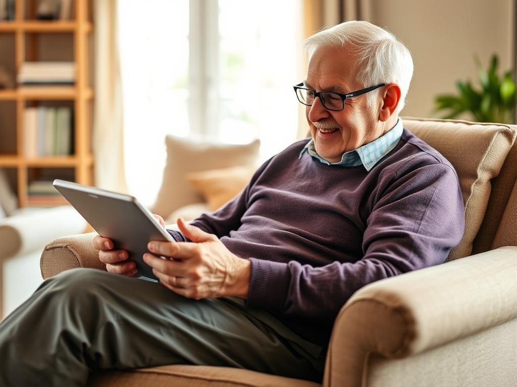 Senior using a tablet device, showing the versatility of computer literacy for seniors Senior using a tablet device, showing the versatility of computer literacy for seniors