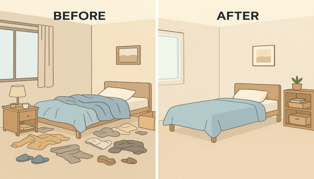 Side-by-side comparison of the same bedroom - before (cluttered, disorganized) and after (clean, minimal, organized). The after image should show proper storage solutions, clear surfaces, and a calming aesthetic with neutral colors. Side-by-side comparison of the same bedroom - before (cluttered, disorganized) and after (clean, minimal, organized). The after image should show proper storage solutions, clear surfaces, and a calming aesthetic with neutral colors.