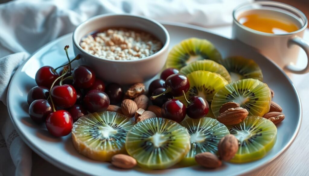 Sleep-promoting foods arranged on a plate as science-backed sleep hacks Sleep-promoting foods arranged on a plate as science-backed sleep hacks