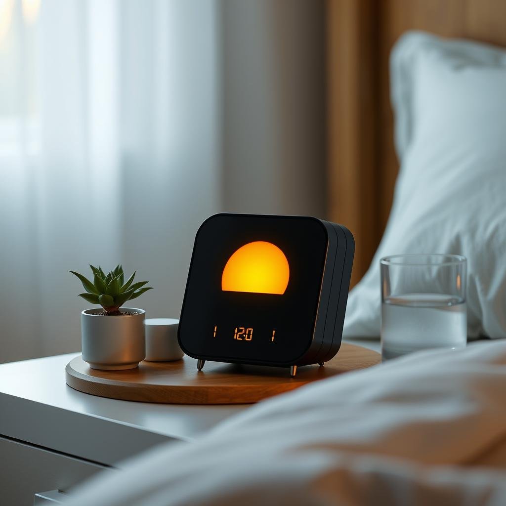 Sunrise alarm clock on bedside table Sunrise alarm clock on bedside table