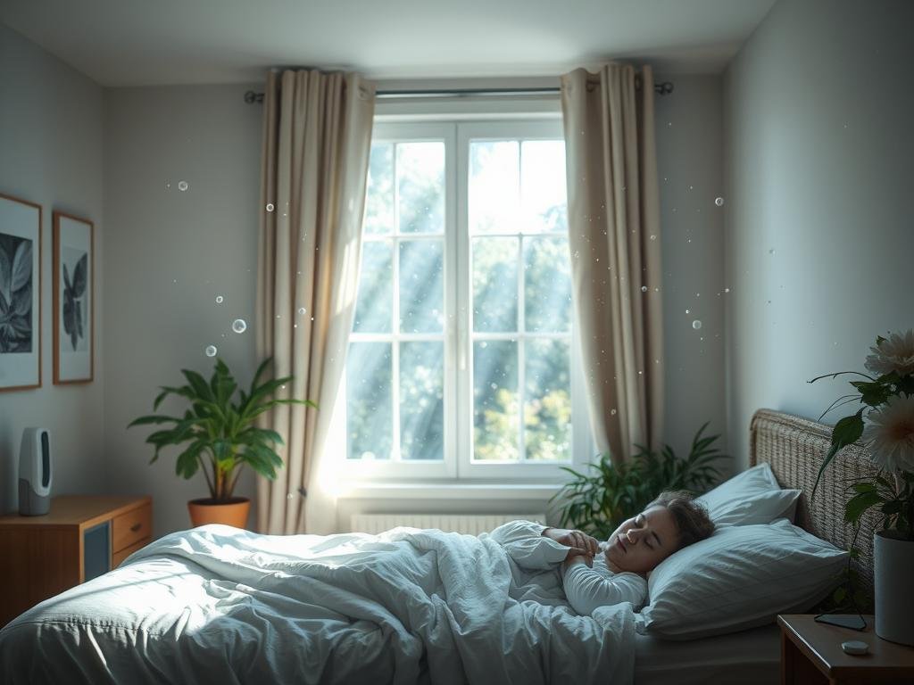 Visualization of poor air quality in a bedroom with dust particles visible, a hidden sleep destroyer in your bedroom Visualization of poor air quality in a bedroom with dust particles visible, a hidden sleep destroyer in your bedroom