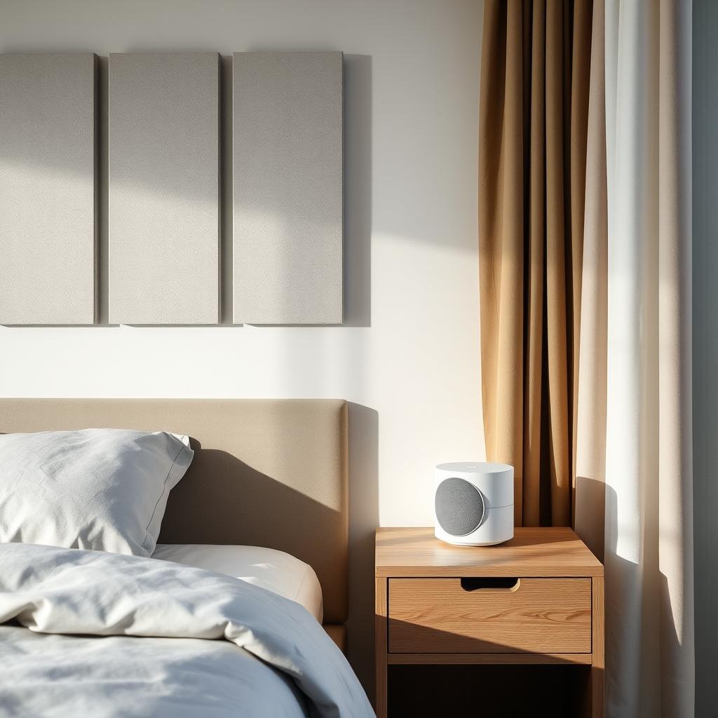 White noise machine and acoustic treatments in a bedroom to prevent hidden sleep destroyers in your bedroom White noise machine and acoustic treatments in a bedroom to prevent hidden sleep destroyers in your bedroom