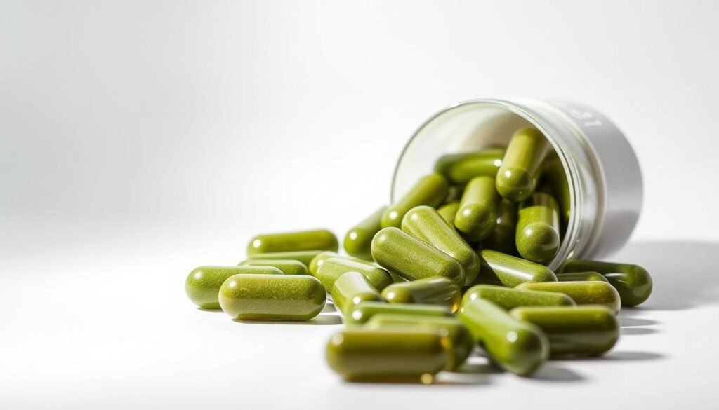 a high-quality close-up shot of moringa capsules against a plain white background, illuminated by soft, diffused lighting from the side to highlight the texture and color of the capsules. The capsules should be arranged in a visually pleasing, slightly angled composition, with a sharp focus on the foreground elements. The lighting should create a clean, professional look that emphasizes the natural vibrancy and quality of the moringa supplements. The image should convey a sense of purity, wellness, and the premium nature of the product, in line with the &amp;quot;best moringa capsules quality indicators&amp;quot; theme.