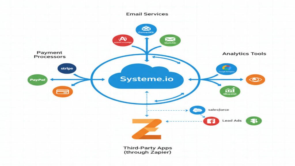 A diagram showing Systeme.io's integration ecosystem with connected service icons for payment processors, email services, analytics tools, and third-party apps through Zapier, with connection lines showing how they work together
