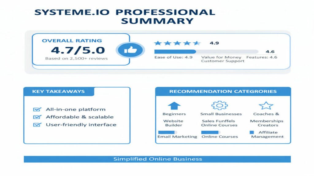 A professional summary graphic for Systeme.io showing overall ratings, key takeaways, and recommendation categories with a clean design using charts, icons, and a blue and white color scheme A professional summary graphic for Systeme.io showing overall ratings, key takeaways, and recommendation categories with a clean design using charts, icons, and a blue and white color scheme