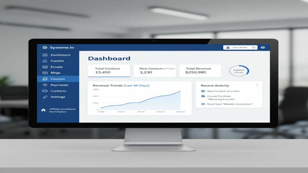 A screenshot of Systeme.io's user interface showing the main dashboard with clear navigation, key metrics, and a clean design that emphasizes usability with a professional blue and white color scheme A screenshot of Systeme.io's user interface showing the main dashboard with clear navigation, key metrics, and a clean design that emphasizes usability with a professional blue and white color scheme