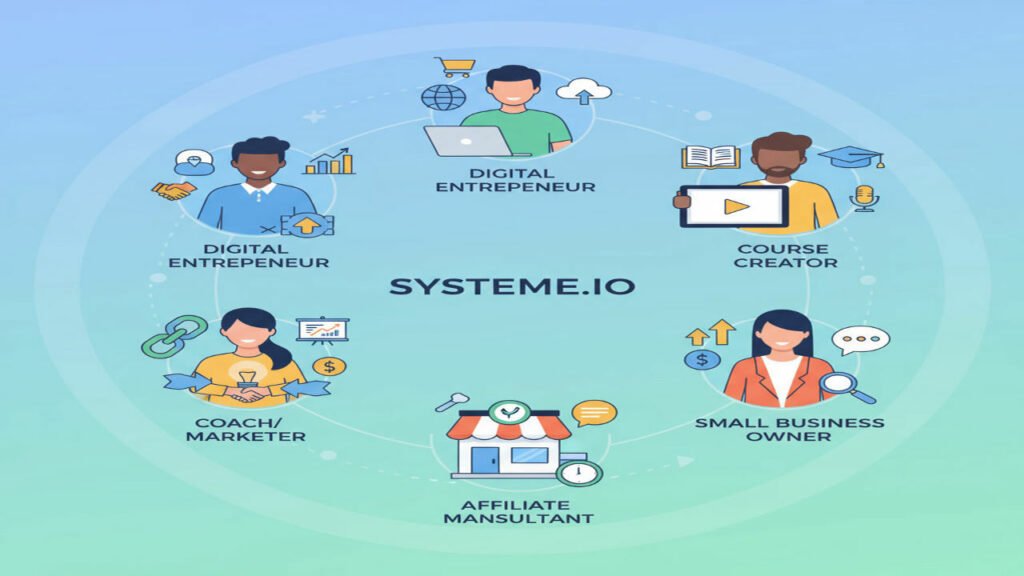 An illustration showing diverse user personas who benefit from Systeme.io - including a digital entrepreneur, course creator, small business owner, affiliate marketer, and coachconsultant, with icons representing their business needs An illustration showing diverse user personas who benefit from Systeme.io - including a digital entrepreneur, course creator, small business owner, affiliate marketer, and coachconsultant, with icons representing their business needs