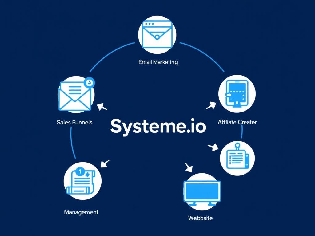 Systeme.io's integrated marketing ecosystem diagram showing how different features connect Systeme.io's integrated marketing ecosystem diagram showing how different features connect